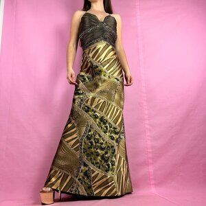 Vintage Y2k Graphic Neutral Jungle Maxi Dress Dave &Johnny by Laura Ryner Sz 3/4